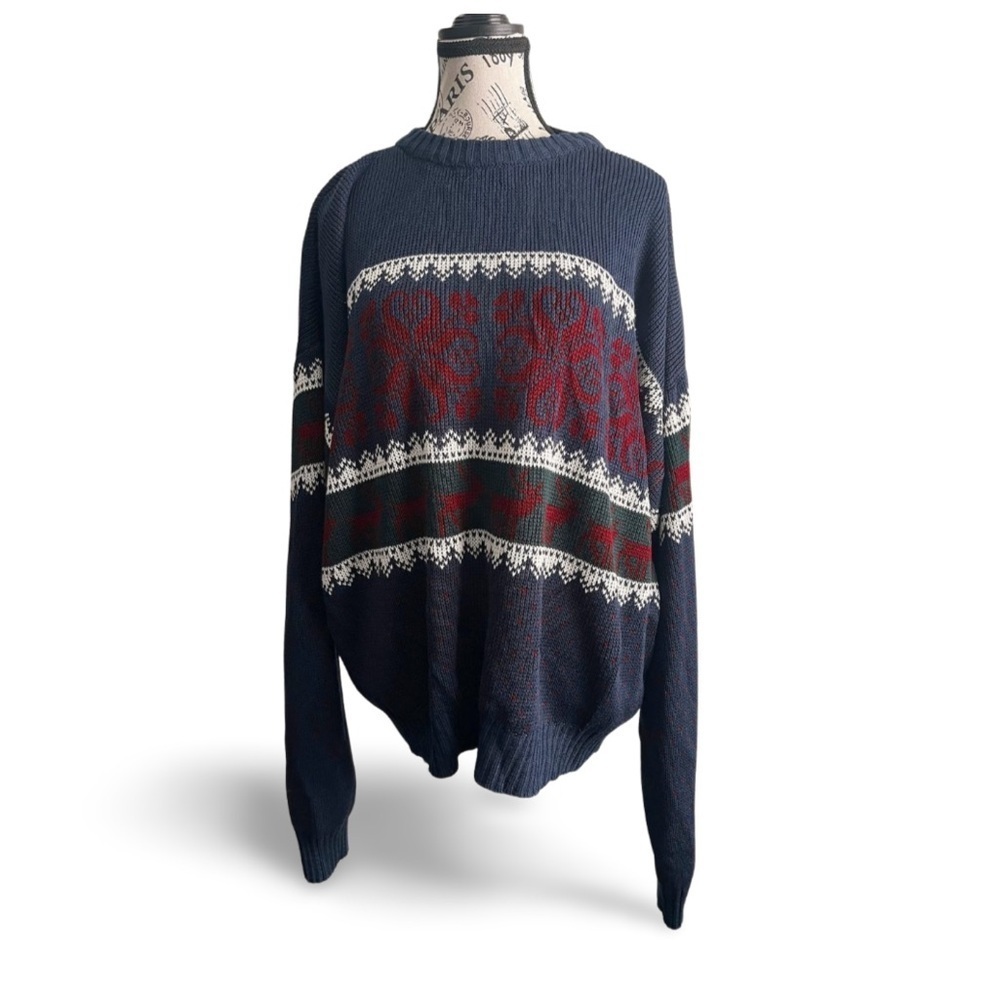 🇧🇬 90s Vintage Nordic Elk Sweater Navy Blue Red Green Size Large